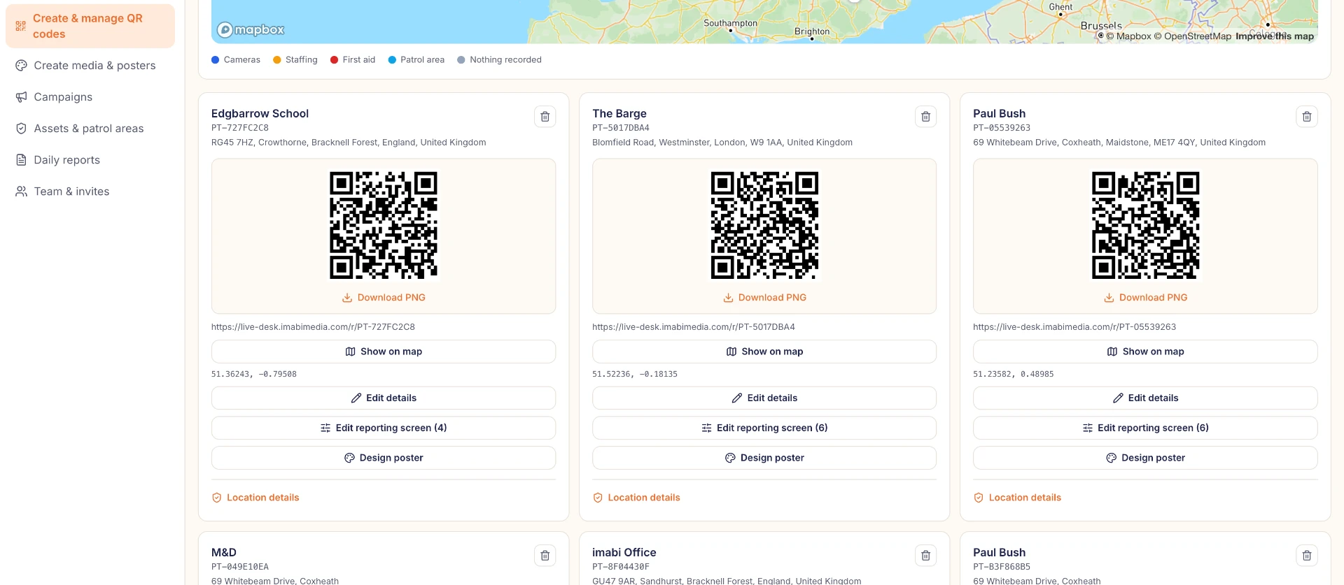 QR code management screen for multiple reporting locations
