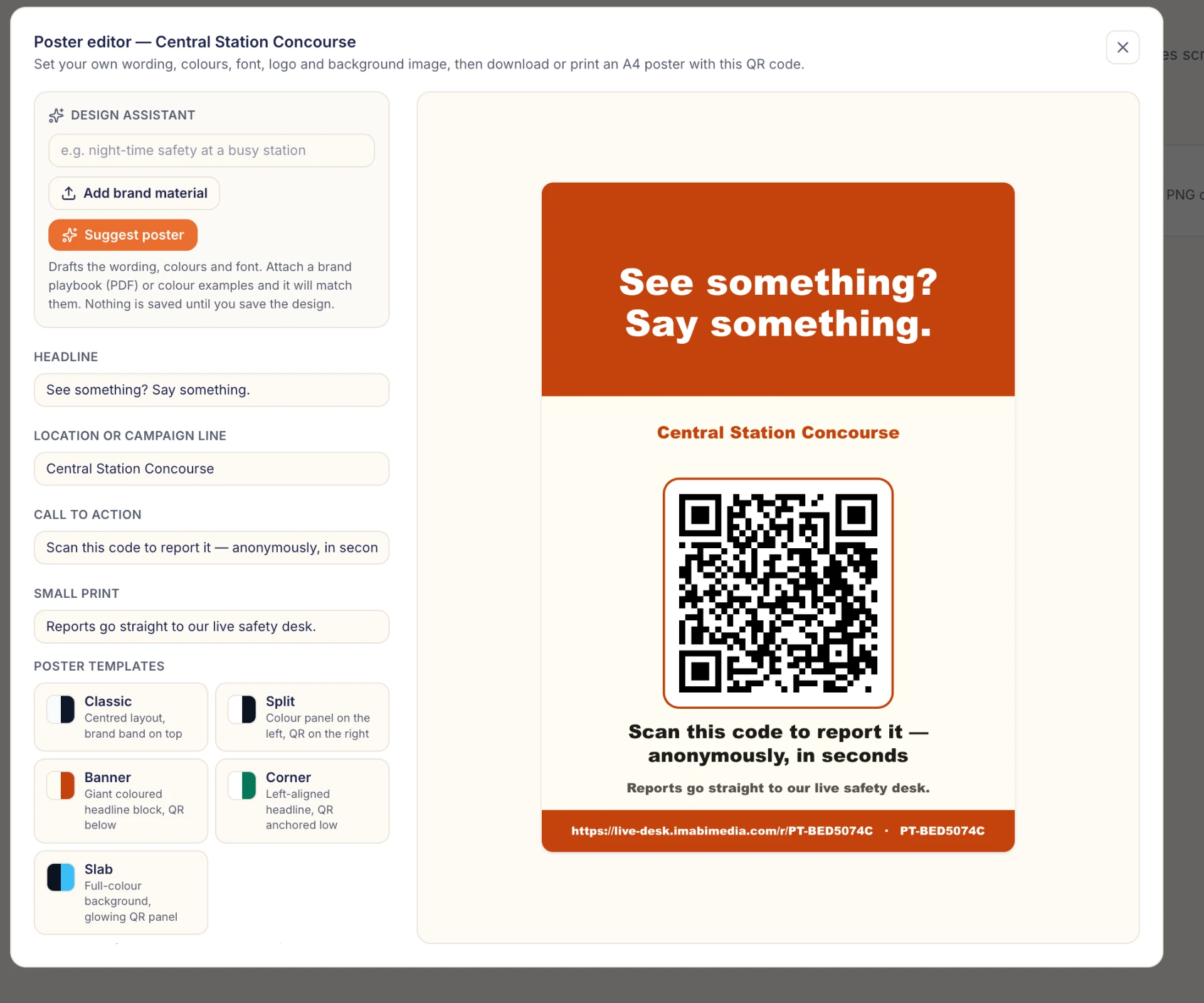 AI-assisted poster designer with a QR reporting poster preview