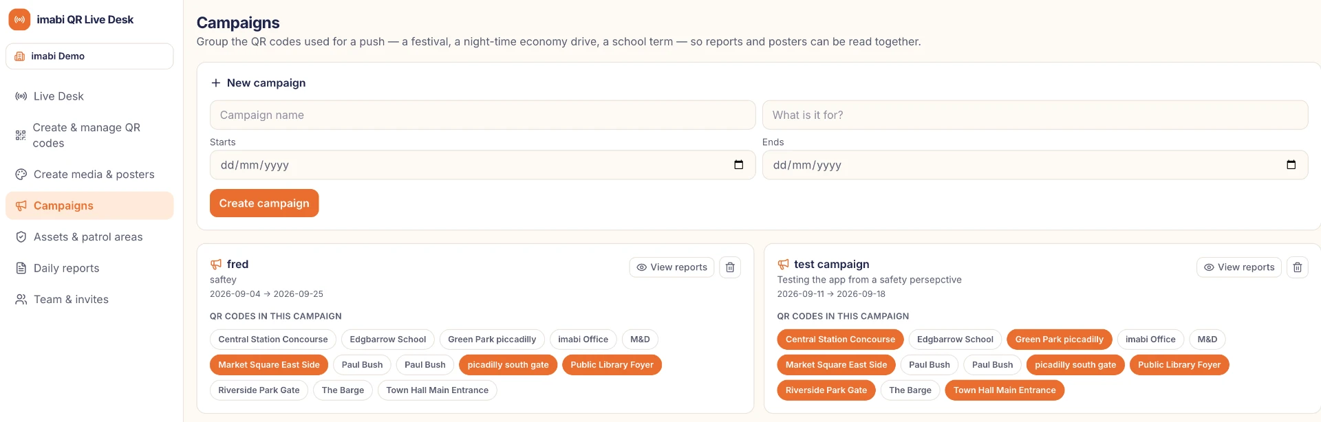Campaign management screen with reporting locations grouped into campaigns