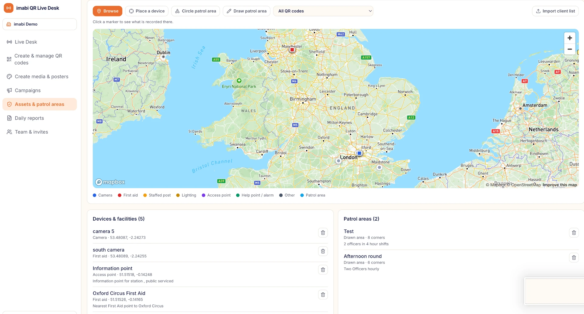 Operations map showing cameras, first aid, access points and patrol areas