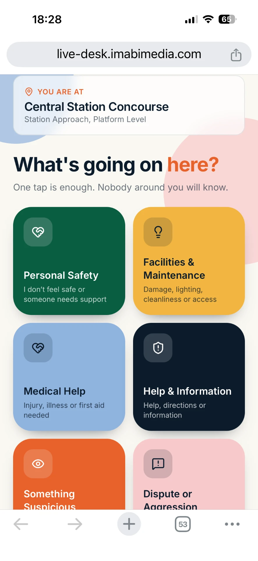 Mobile reporting screen showing discreet report categories