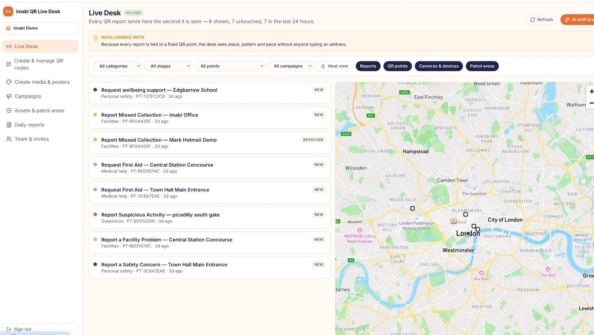 imabi Live Desk showing incoming reports and their locations on a map